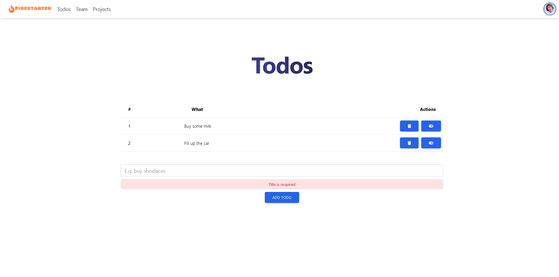 Screenshot of todos page from 25 March 2023