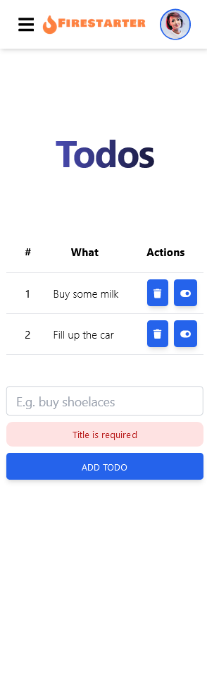 Screenshot of todos page (mobile) from 25 March 2023